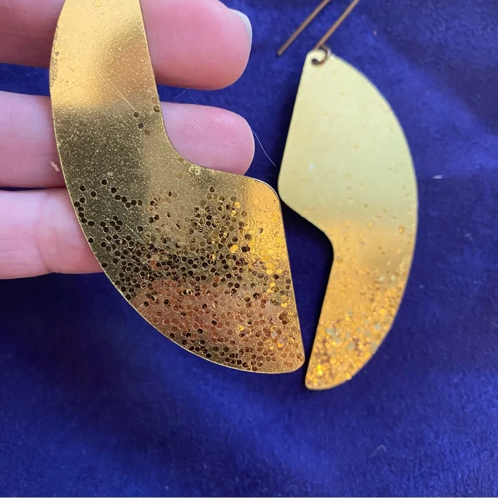 Large Gold Tone Abstract Puzzle Piece-like Earrings with Sparkles Pierced Ears